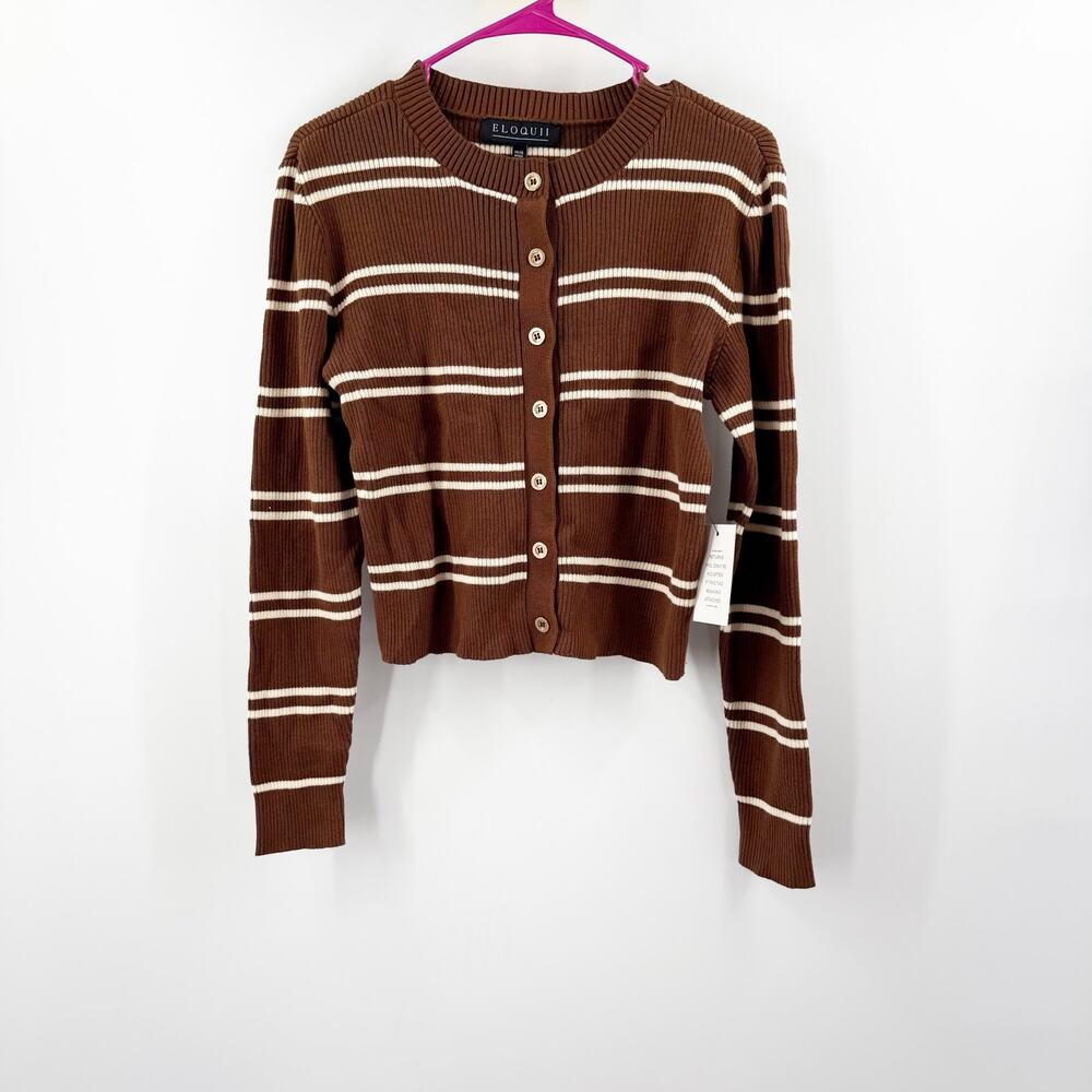 ELOQUII Cardigan Sweater Women’s Size 14/16 NWT brown cream stripe ribbed preppy